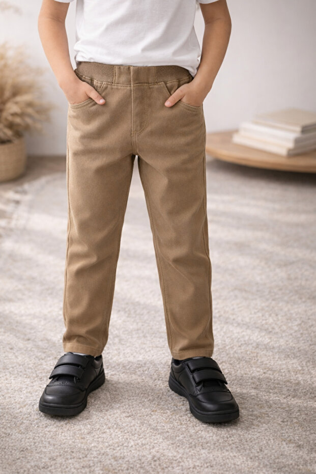 Beige Color School Pants Unisex %97 Cotton Stretch Fabric Stretchy Full Elastic Canvas Trousers with Adjustable Waist