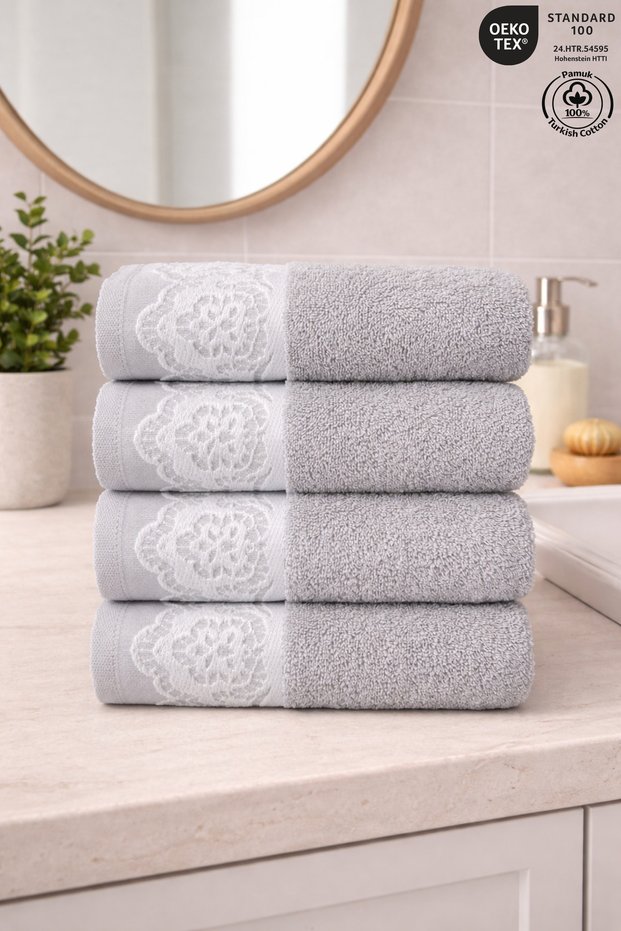 Milano 4-Piece Guipure Lace Towel Set 100% Cotton Certified Hand and Face Towels 50X90Cm - Gray