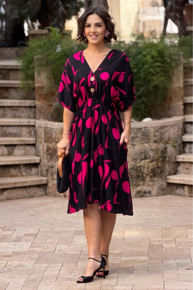 V161-Black Fuchsia Harmoni Patterned Wooden Button Dress