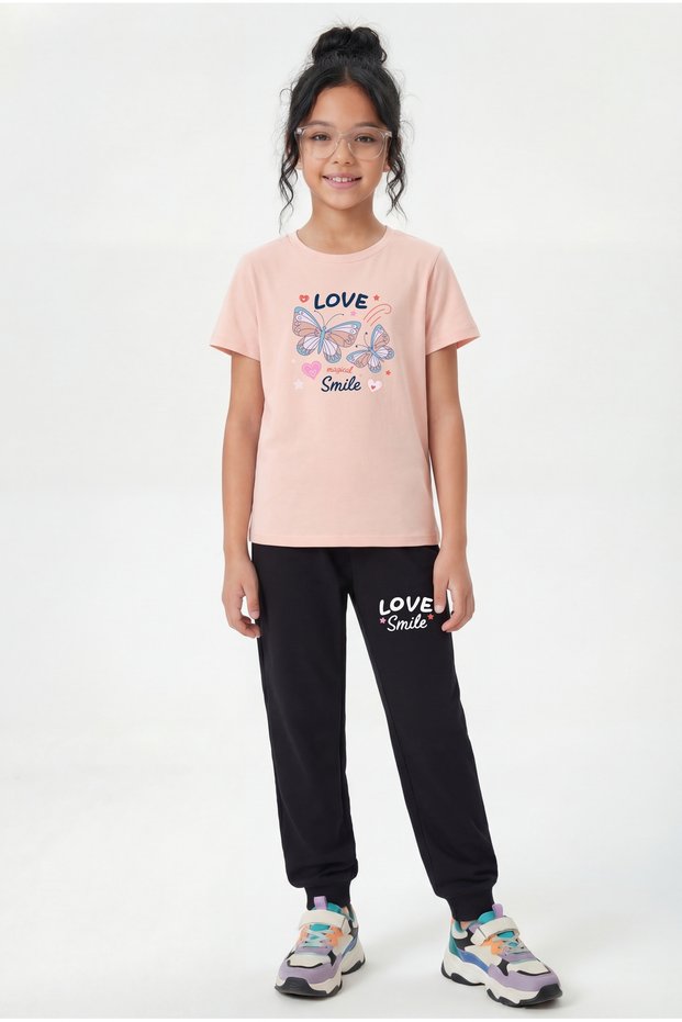 Round Neck T-Shirt and Long Sweatpants with Print Detail for Girls - Top and Bottom Set
