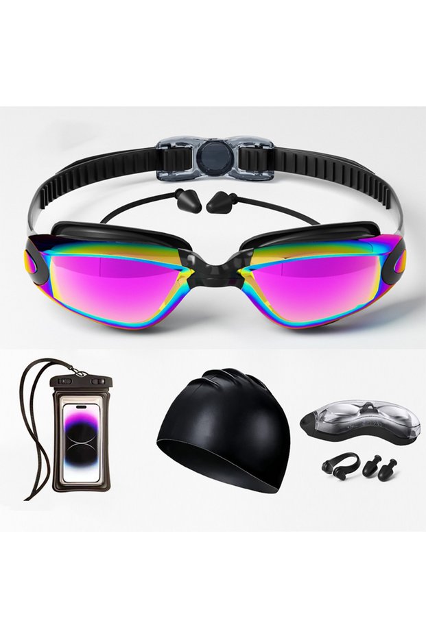 6-in-1 Anti-Fog Swimming Goggles Set Waterproof Phone Case Men Women Black