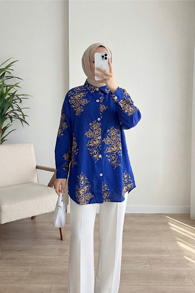 Women's Oversized Standard Buttoned Hijab Shirt with Shawl Pattern