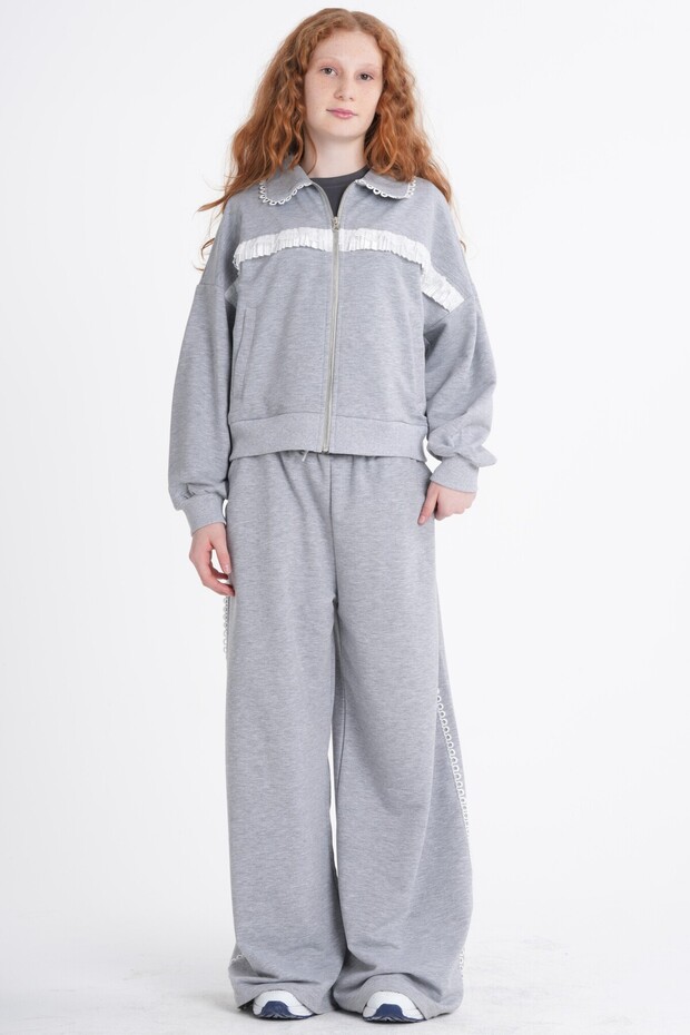 Girl's Gray Lace Collared Zipper Suit