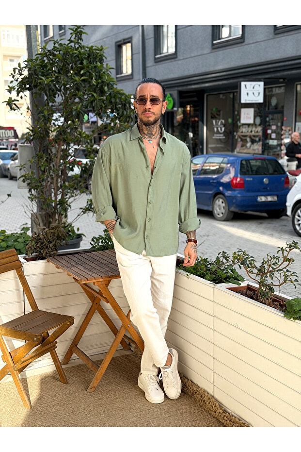 Oversize Basic Modal Gömlek Yeşil - 2