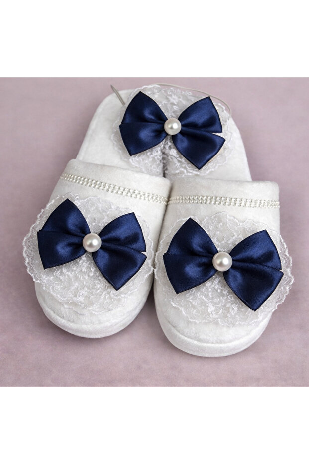 Navy Blue Bow and Pearl Maternity T-Shirt Slipper and Crown Set