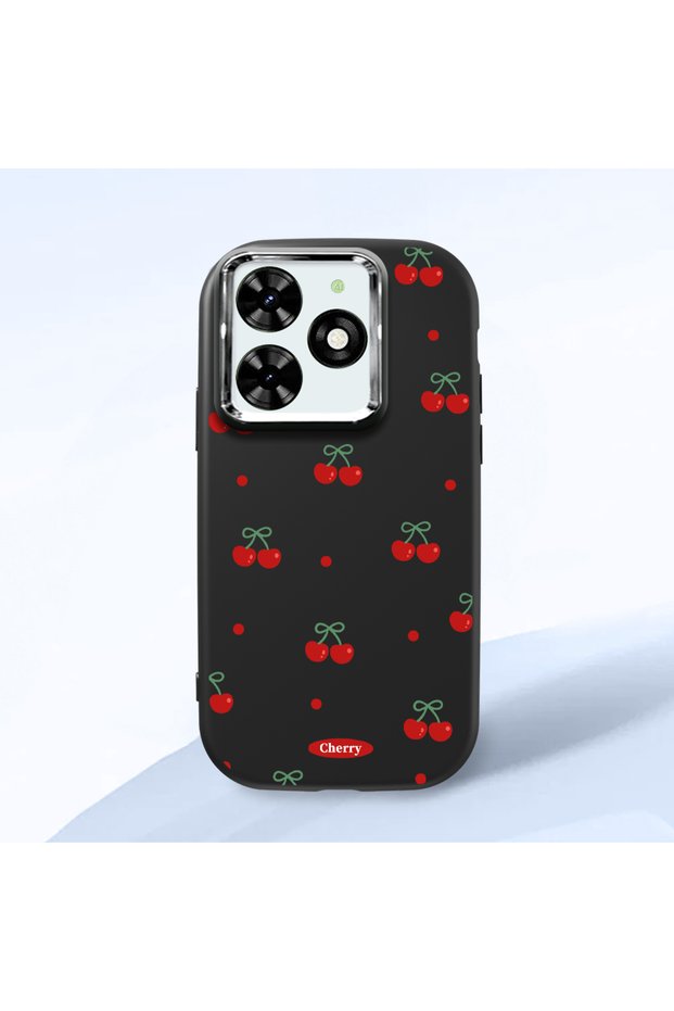 Infinix Hot 40I Compatible Shock-Absorbing Camera Protected Black Silicone Case Cherry Patterned