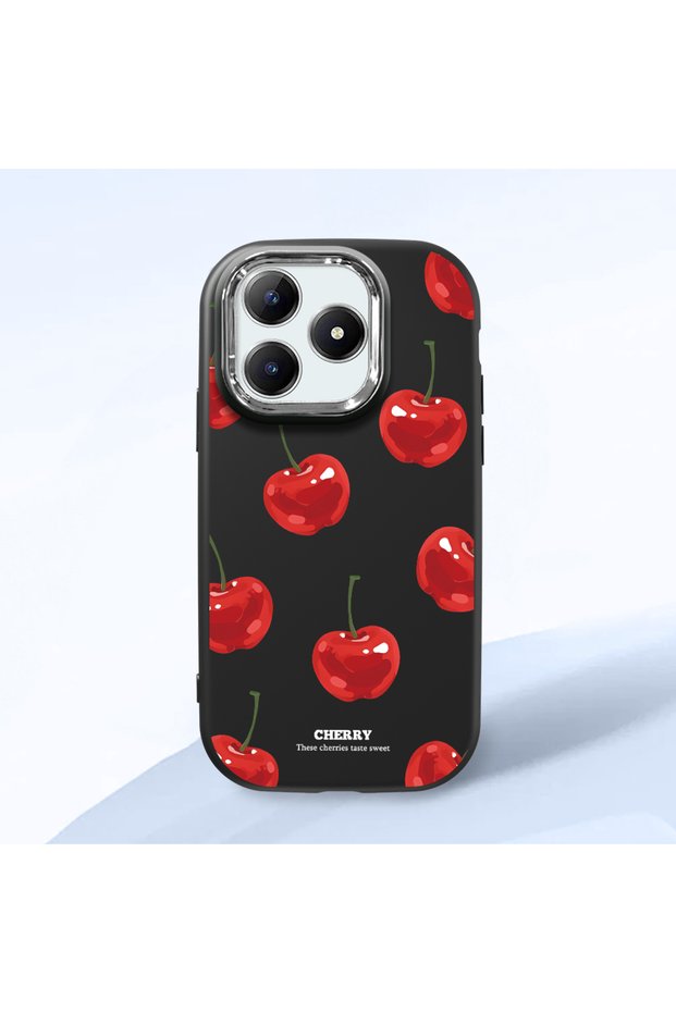 Realme Note 60/60X Compatible Shock-Absorbing Camera Protected Black Silicone Case Cherry Patterned