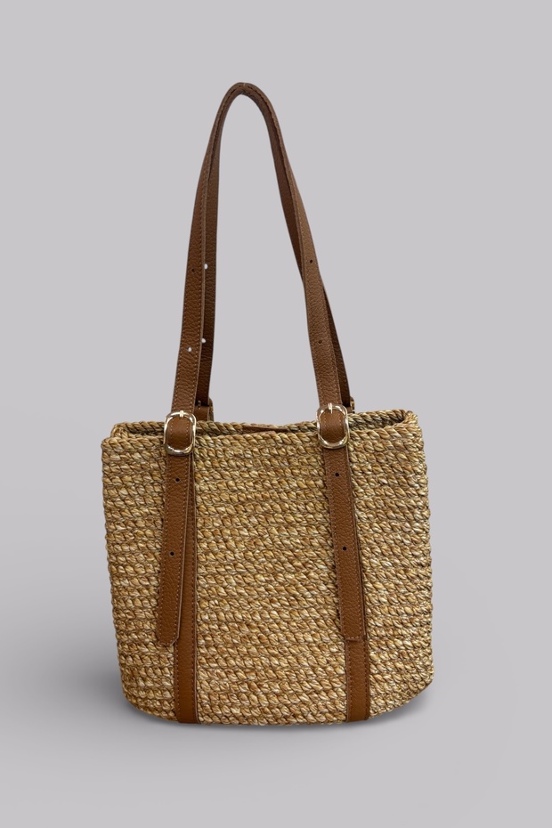 Velora Genuine Leather Detailed Soft Rope Women's Straw Sandals Shoulder Bag – Stylish and for Daily Use Tote Bag