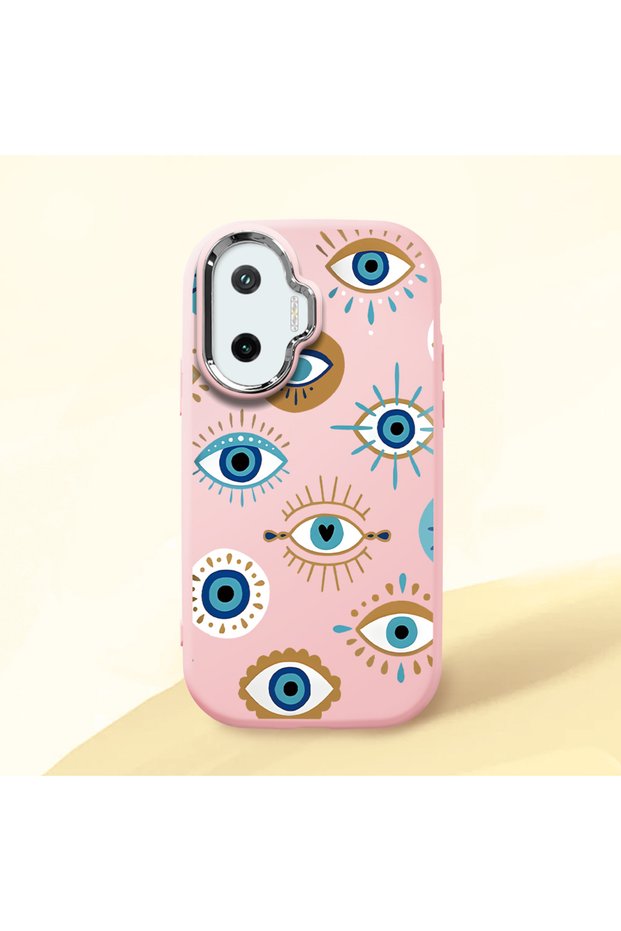 Poco F7 Compatible Shock-Absorbing Camera Protected Pink Silicone Case Evil Eye Charm