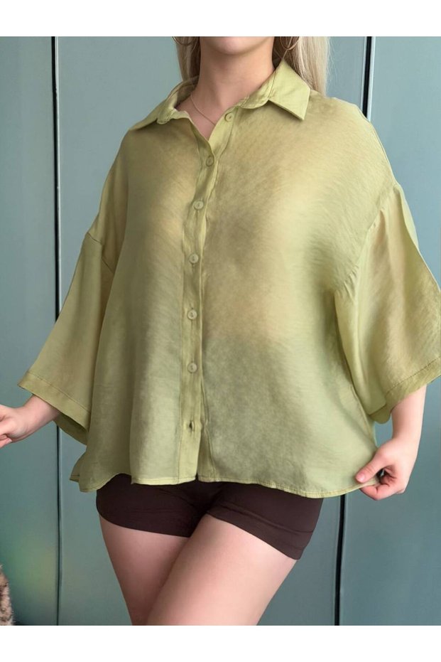 Women's Oil Green Oversized Capri Sleeve Shirt Yel221818