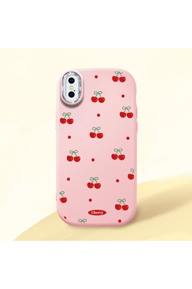 Pink Silicone Case Cherry Patterned with Shock-Absorbing Camera Protections Compatible with iPhone X/Xs