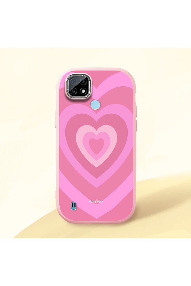 Realme C21 Compatible Shock-Absorbing Camera Protected Pink Silicone Case Heart Pattern