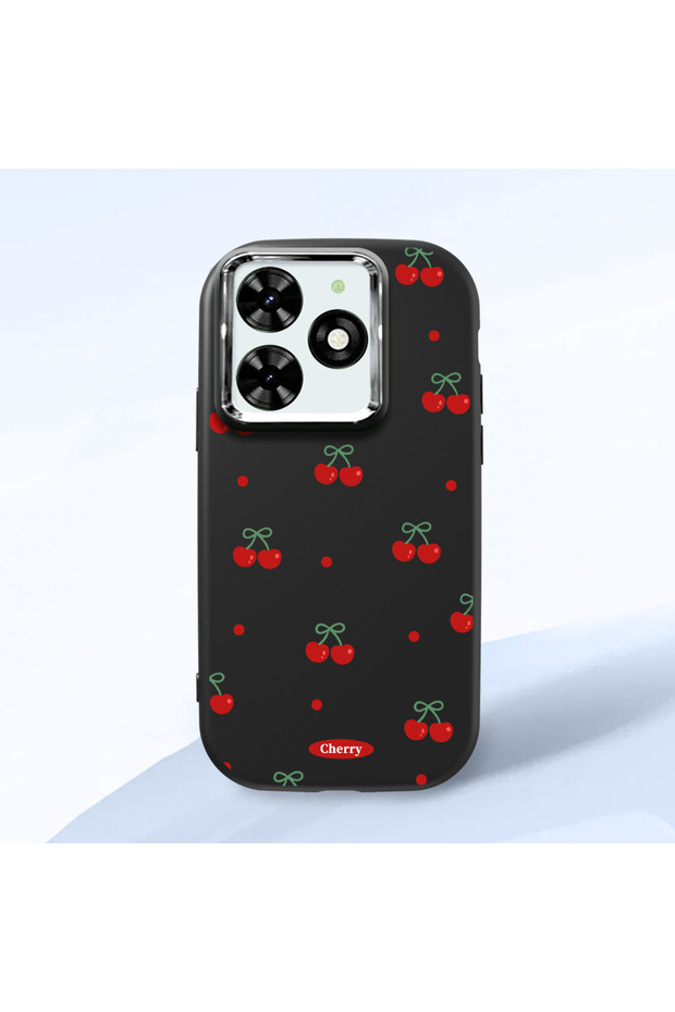 Tecno Spark Go 2024(Bg6) Compatible Shock-Absorbing Camera Protected Black Silicone Case Cherry Patterned