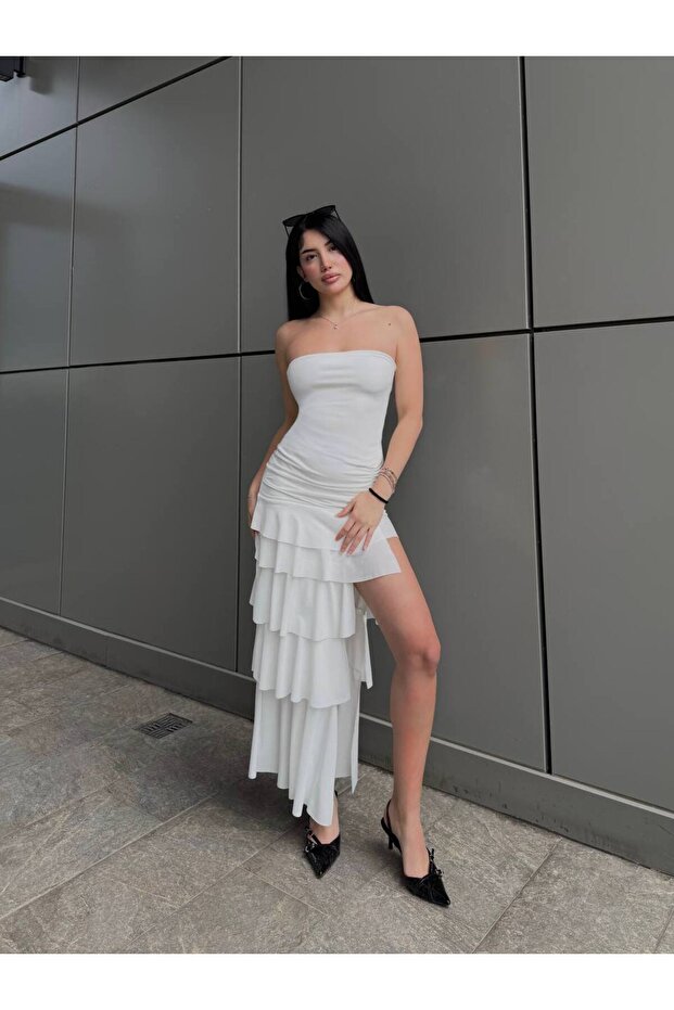 Women's White Ruffle Detail Slit Strapless Maxi Dress Yel221820