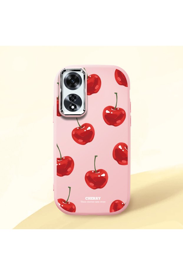 Oppo A60 Compatible Shock-Absorbing Camera Protected Pink Silicone Case Cherry Patterned