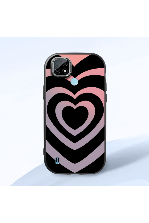 Realme C21 Compatible Shock-Absorbing Camera Protected Black Silicone Case Heart Pattern