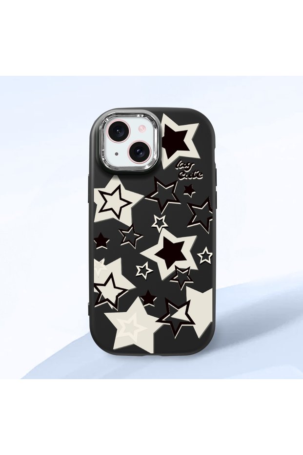 iPhone 15 Compatible Shock-Absorbing Camera Protected Black Silicone Case Star Pattern