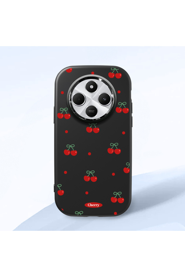 Redmi A4 Compatible Shock-Absorbing Camera Protected Black Silicone Case Cherry Patterned