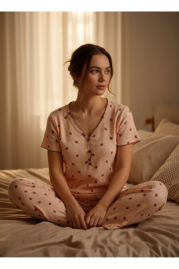 مجموعة بيجامة محبوكة من قطن قطع من Peach منقوش Soft Touch Summer Pointelle