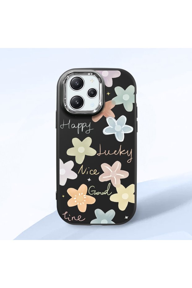 Redmi 12 4G/5G Compatible Black Silicone Case with Shock-Absorbing Camera Protections Floral Print