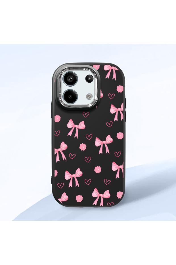 Redmi Note 13 Pro 5g Compatible Shock-Absorbing Camera Protected Black Silicone Case Bowknot Patterned