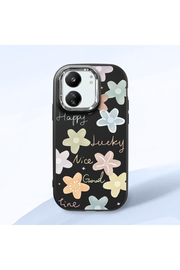 Redmi 13C 4G/5G Compatible Shock-Absorbing Camera Protected Black Silicone Case Floral Print