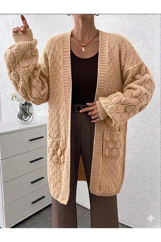 Pocketed Sleeves Patterned Knitwear Cardigan