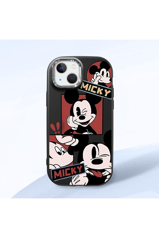 Black Silicone Case with Shock-Absorbing Camera Protections Compatible with iPhone 15 Plus/14 Plus Mickey Patterned