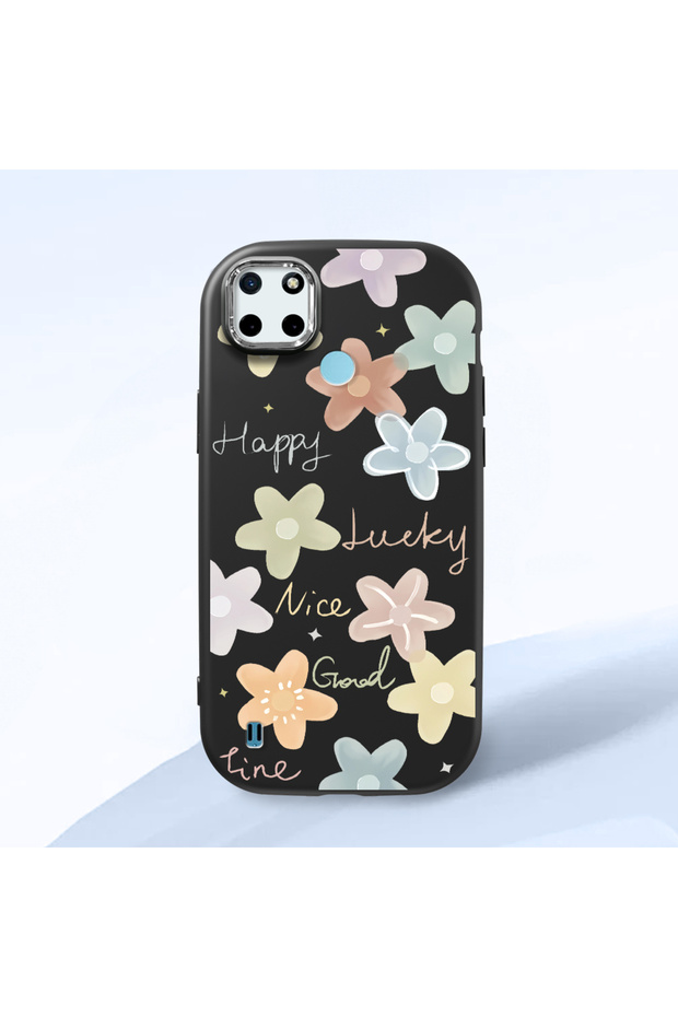 Realme C25Y/C21Y Compatible Shock-Absorbing Camera Protected Black Silicone Case Floral Print