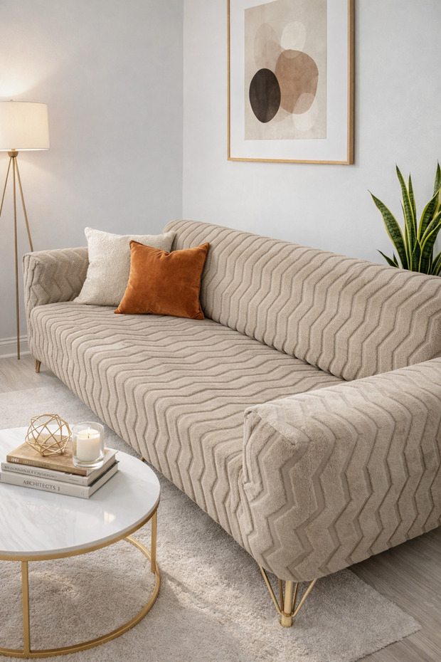 Lycra Piece Elasticated Slipcover for Welsoft Fleece Sofa Cover Seats with Zigzag Pattern (the Product Is 1 Piece) Mink