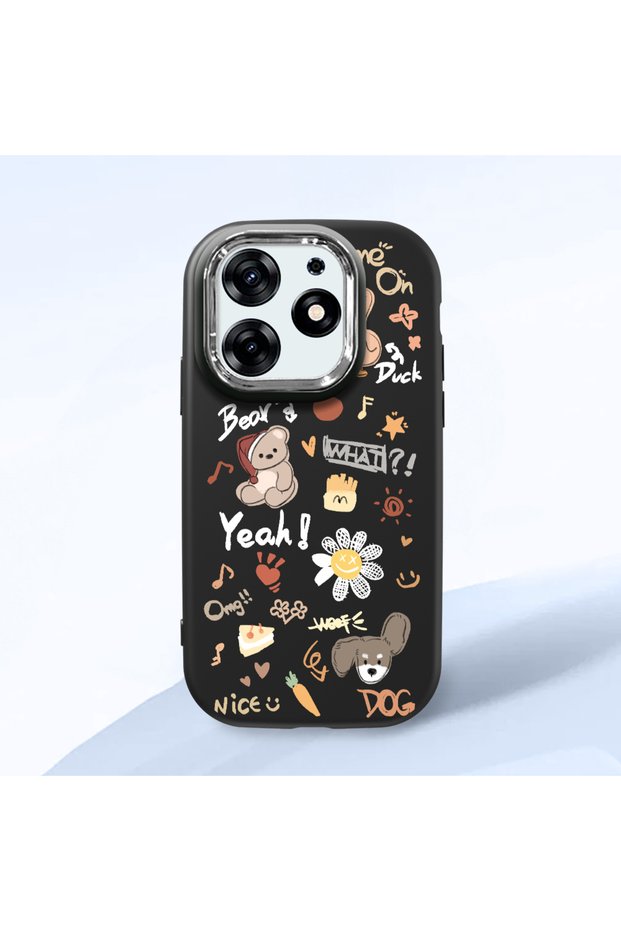 Tecno Spark 10 Pro(Ki7) Compatible Shock-Absorbing Camera Protected Black Silicone Case Stylish Print