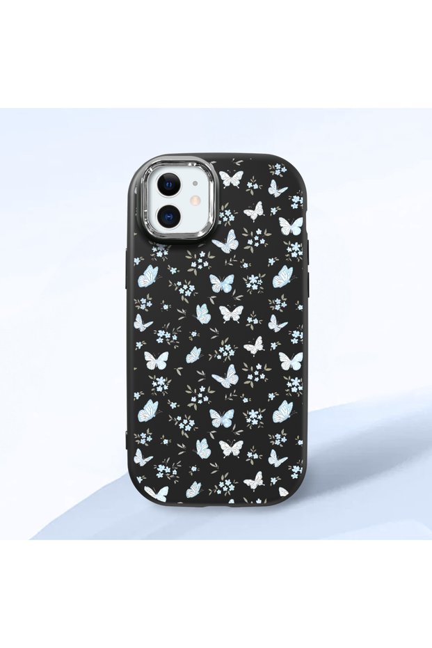 iPhone 12 Mini Compatible Shock-Absorbing Camera Protected Black Silicone Case Butterfly Patterned