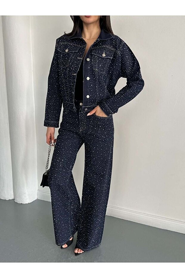 Denim jacket and trousers set with dense stonework navy blue