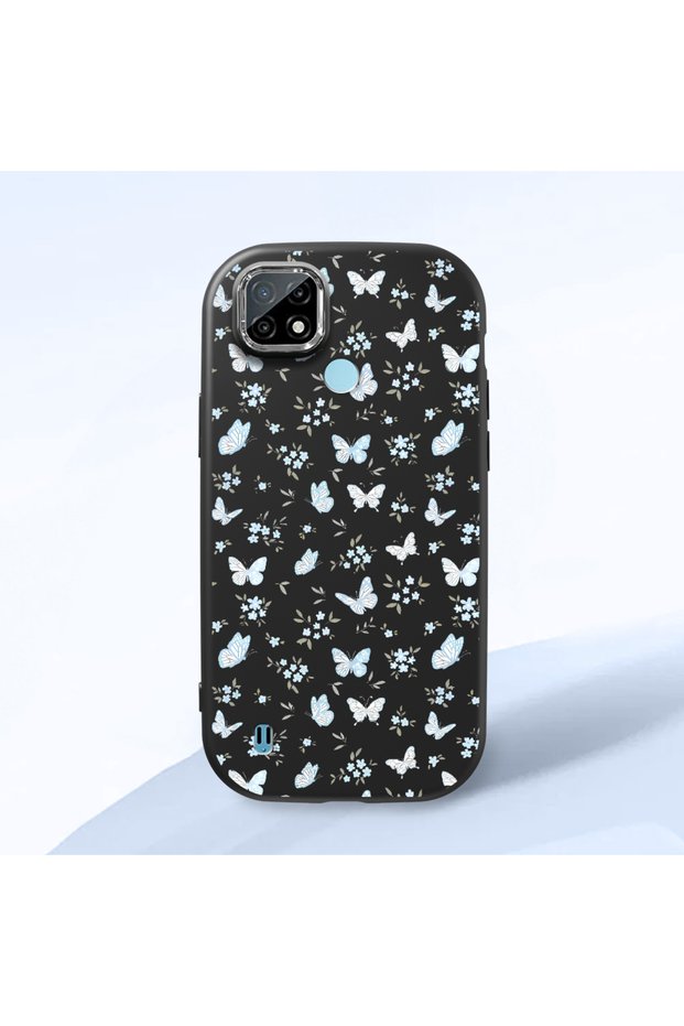 Realme C21 Compatible Shock-Absorbing Camera Protected Black Silicone Case Butterfly Patterned