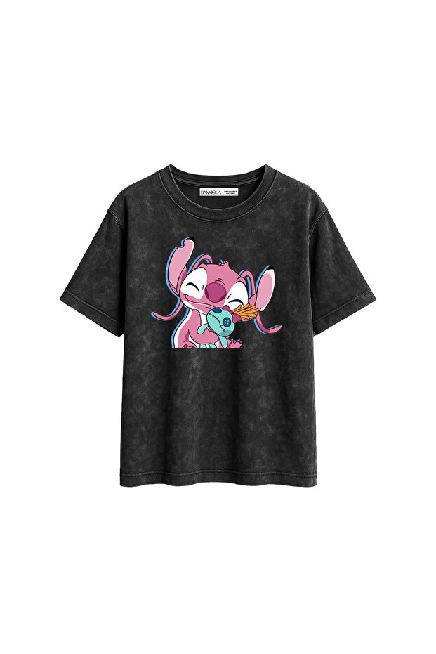 Angel Stitch Printed Relaxed Fit Washed Black Women's Tshirt