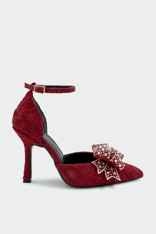 Rodop Stone Bow Detail Women's Claret Red Heeled Shoes