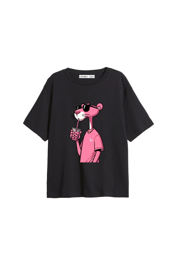 Pink Panther V2 Printed Relaxed Fit Black Women's Tshirt