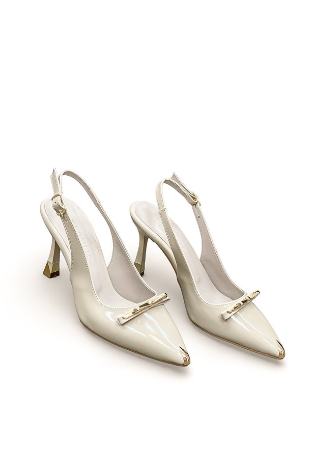 Women's Patent Leather Stiletto with Gold Ribbon and Toe Detail