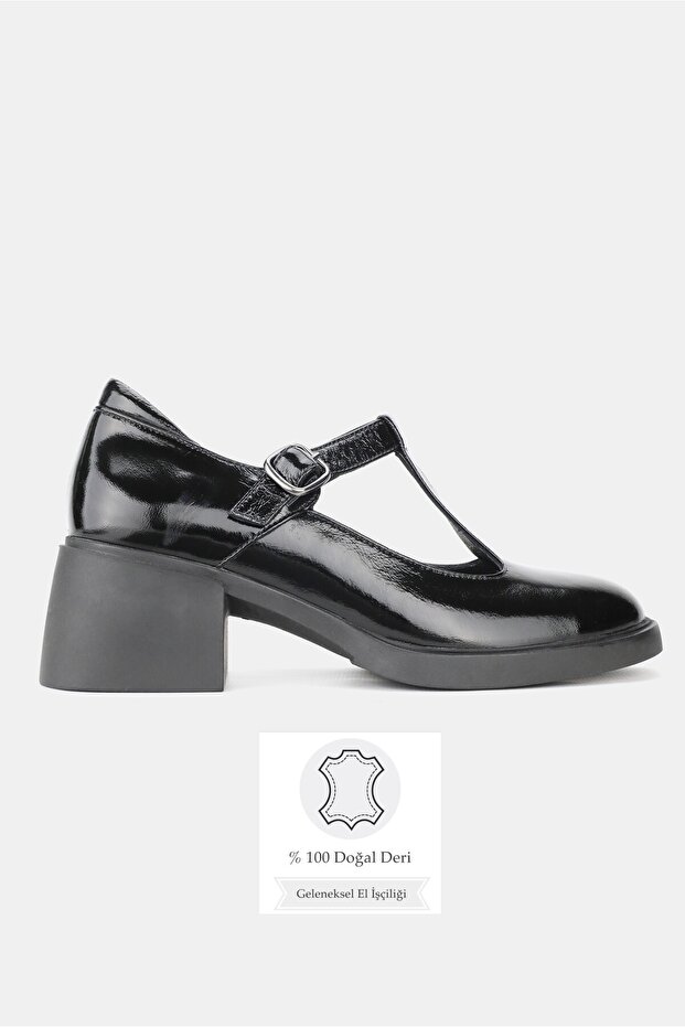 Women's Black Patent Leather Genuine Natural Leather Leather -41 Size Ankle Strap Shoes