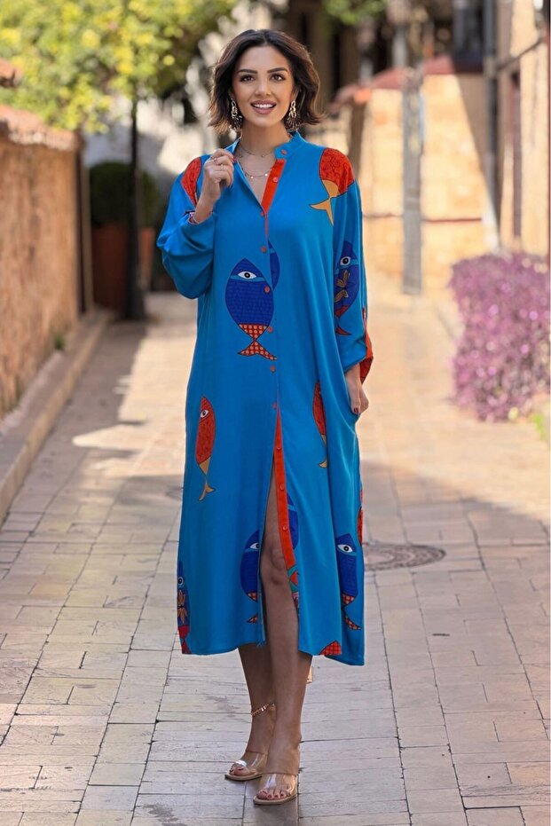 Bodrum Blue Fish Shirt Dress