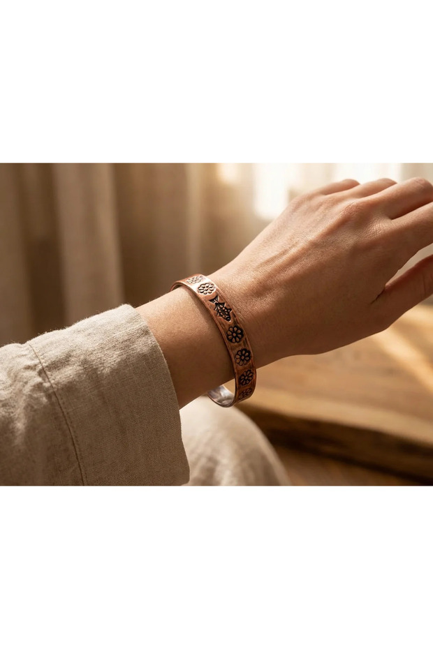 Copper Bracelet Bronze Color Antique Ancient Motif Embroidered Handmade Healing Adjustable Women's Bracelet