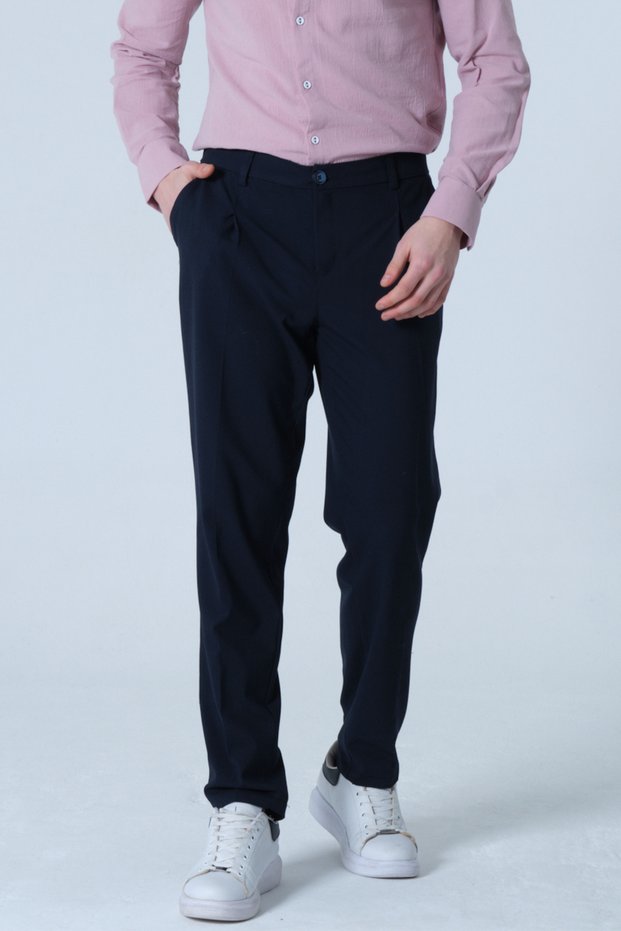 Pleated Navy Blue Men's Fabric Trousers 2Xs-10Xl Belt Can Be Fitted.