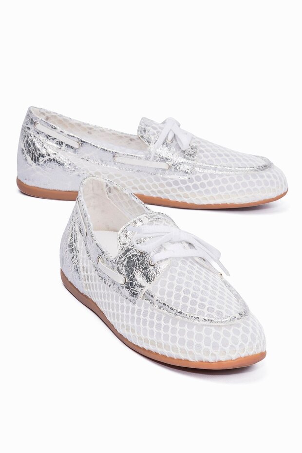 Women's Mesh Loafers Silver Detailed Lace-Up Casual Ballet Flats Lilia White