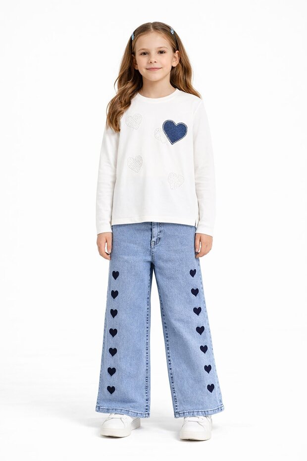Ecru Heart Patterned Badili Jeans Trousers Girl's 2-Piece Set 23745