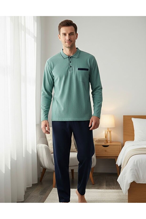 Polo Collar Tippled Selanic Texture Woven Piece Men's Pajama Set 303