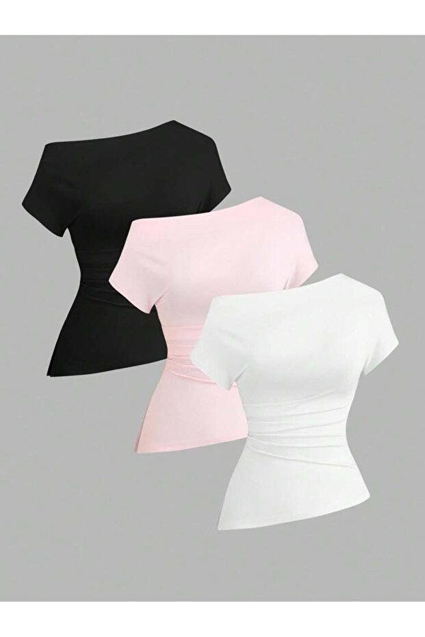 Women's Boat Neck Asymmetrical Cut 3-Pack Stretch Fabric T-Shirt Blouse