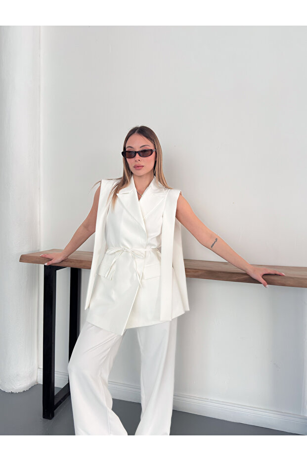Tie-Detail Belted Blazer Vest Set Pant Suit