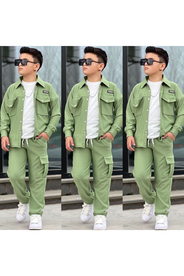 Bayramlik Boy's 3-Piece Set Tissue Shirt T-Shirt Cargo Pants Stylish Combination