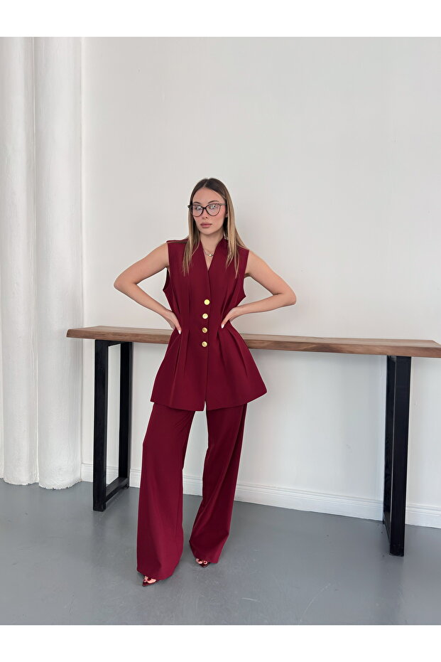 Gold Buttoned Vest Set Trouser Suit with Pencil Pants