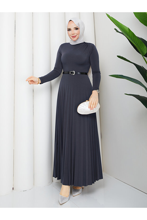 Women's Draped Ruched Pleated Belt Piece Hijab Dress